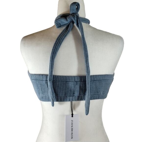 R WeWoreWhat Women's Storm Blue Wide Rib Stretch Tie Halter Bra Top NWT Size S - Picture 4 of 6